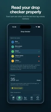 Drop checker screen listing the colour bands from blue to yellow with their ppm ranges and a reading of 35 ppm marked above target.